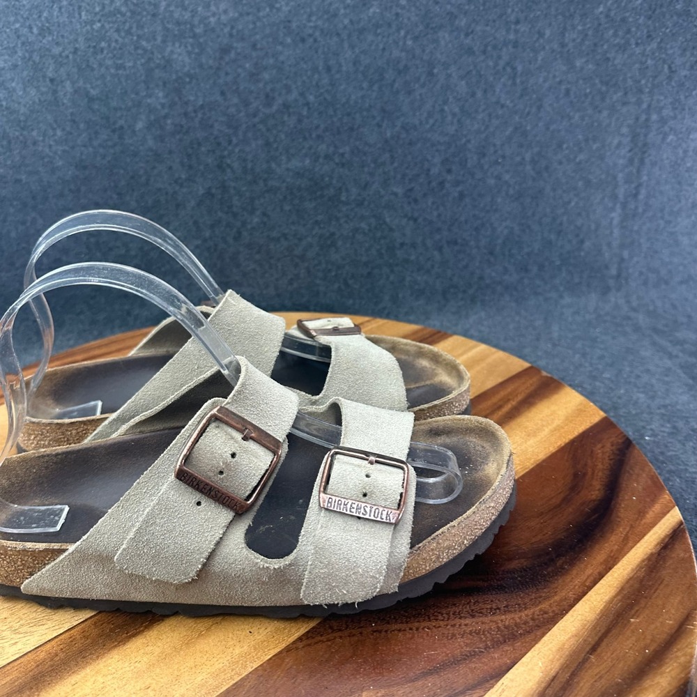 Birkenstock Arizona Suede Sandals Taupe Women Size 8 Two Strap Cork Slide - Picture 3 of 14